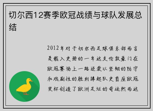切尔西12赛季欧冠战绩与球队发展总结